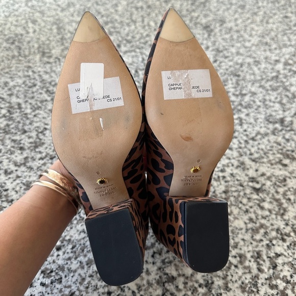 STUART WEITZMAN Cappuccino Ghepardo Suede Leopard Print Pointed Toe Block Heel 6 - Picture 5 of 8